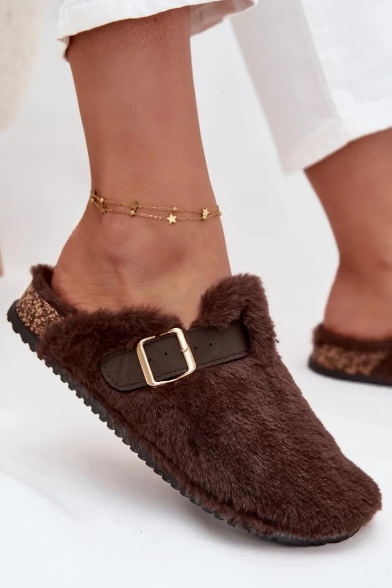 New Futrzane Klapki Damskie Na Platformie Z Paskiem I Klamrą Brązowe Noraline Damskie Kapcie Klasyczne|Klapki Korkowe