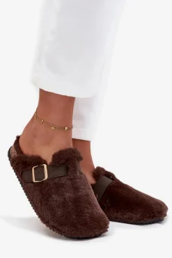 New Futrzane Klapki Damskie Na Platformie Z Paskiem I Klamrą Brązowe Noraline Damskie Kapcie Klasyczne|Klapki Korkowe