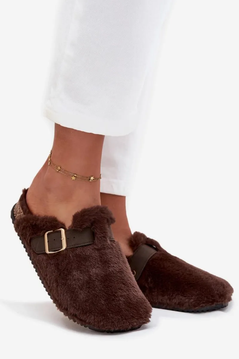 New Futrzane Klapki Damskie Na Platformie Z Paskiem I Klamrą Brązowe Noraline Damskie Kapcie Klasyczne|Klapki Korkowe