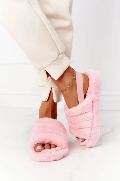 Outlet Futrzane Papcie Na Platformie Jasnoróżowe Snowflake Damskie Kapcie Klasyczne