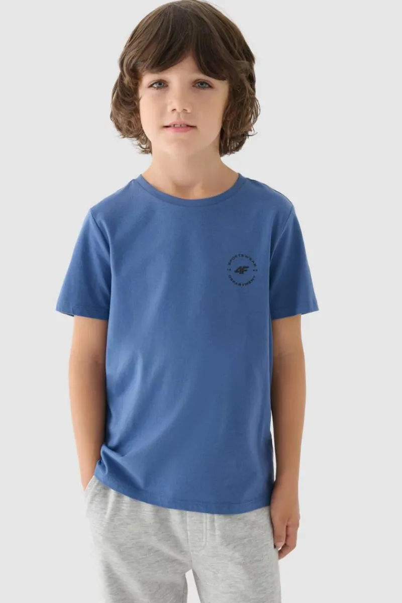 Outlet 4F Gładki Bawełniany T-shirt Chłopięcy Regular JWAW24TTSHM1859-32S Niebieska