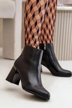 Best Boto Gładkie Botki Damskie Na Słupku Z Eko Skóra Ocieplane Czarne Milisea