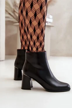 Best Boto Gładkie Botki Damskie Na Słupku Z Eko Skóra Ocieplane Czarne Milisea