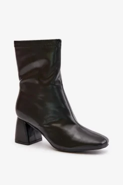 Outlet Gładkie Botki Damskie Na Słupku Z Eko Skóry Czarne Izariel Damskie Botki Na Słupku|Czarne Botki