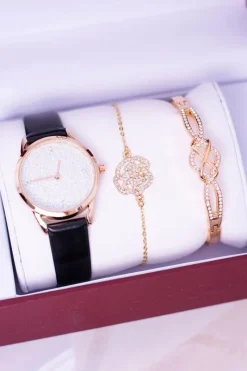 Sale Giorgio Dario Zestaw Damski Czarny Zegarek Z Brokatem Dwie Złote Bransolety Zegarki