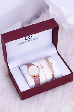 Hot Giorgio Dario Zestaw Damski Zegarek Pudrowy Róż Z Brokatem Dwie Bransoletki Zegarki