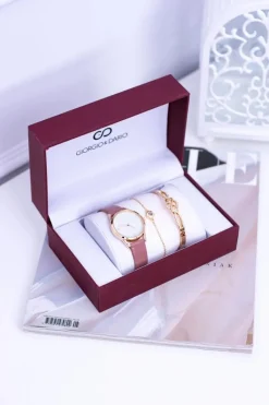 Hot Giorgio Dario Zestaw Damski Zegarek Pudrowy Róż Z Brokatem Dwie Bransoletki Zegarki