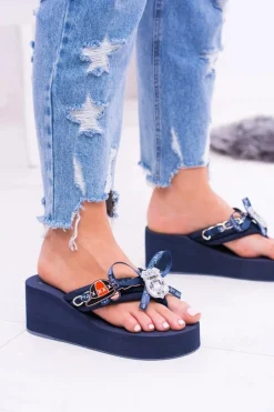 Hot Boto Granatowe Ekstrawaganckie Klapki na Koturnie Shock