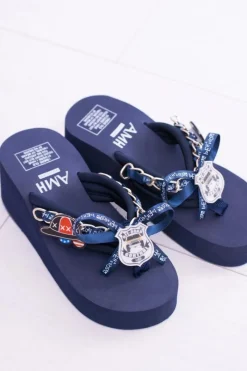 Hot Boto Granatowe Ekstrawaganckie Klapki na Koturnie Shock