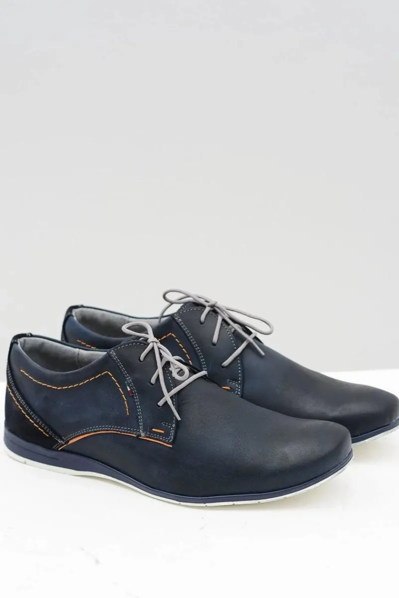 Best Granatowe Męskie Skórzane Półbuty Casual Badoo Męskie Półbuty Casual