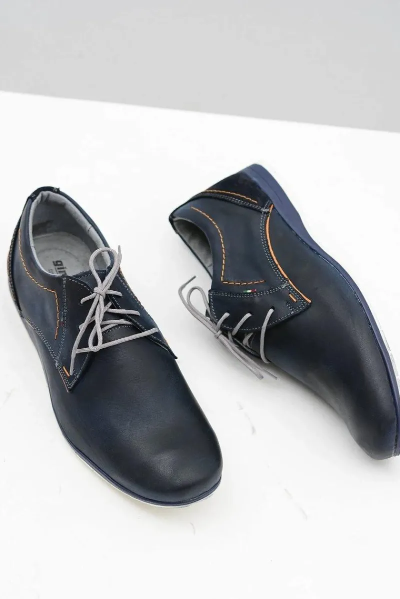 Best Granatowe Męskie Skórzane Półbuty Casual Badoo Męskie Półbuty Casual