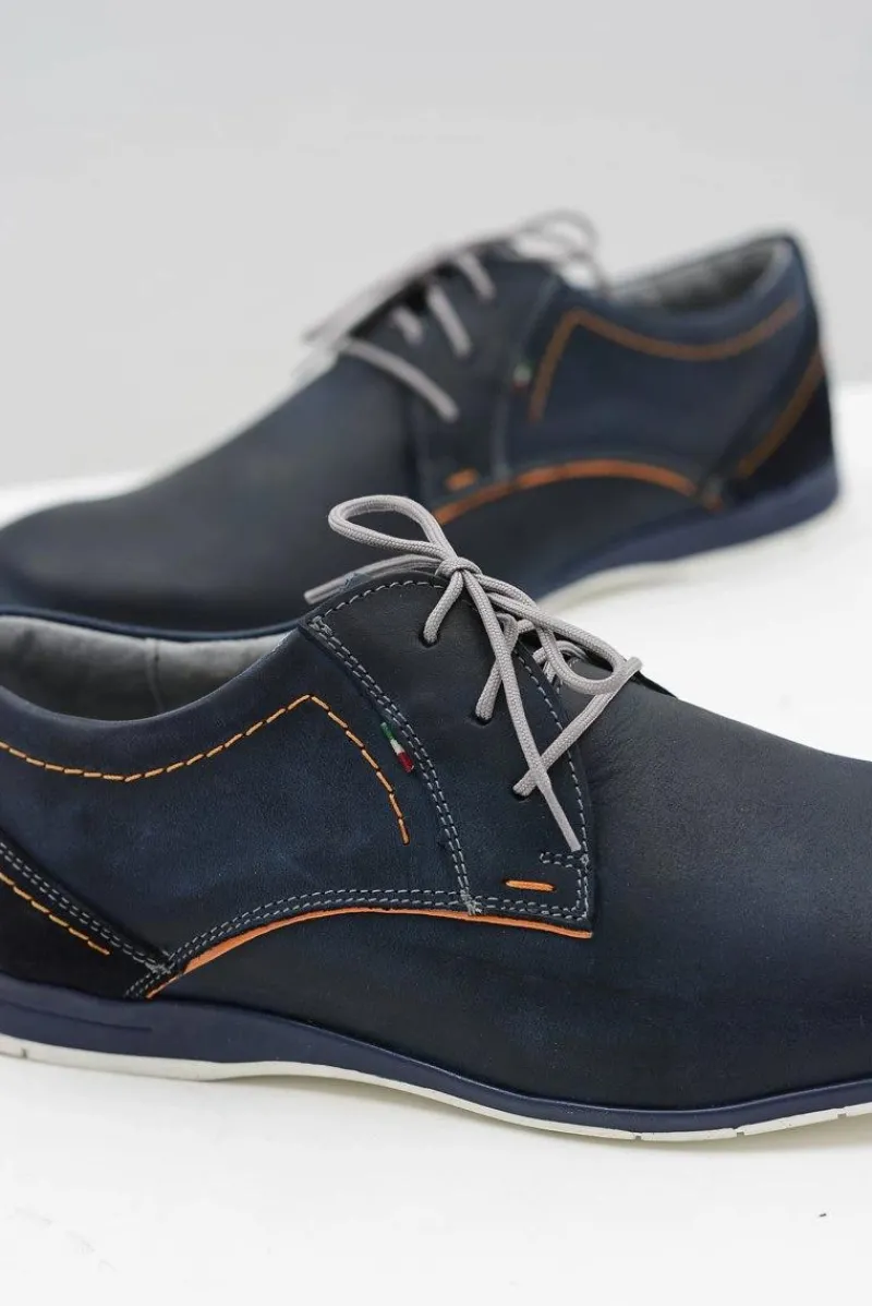 Best Granatowe Męskie Skórzane Półbuty Casual Badoo Męskie Półbuty Casual