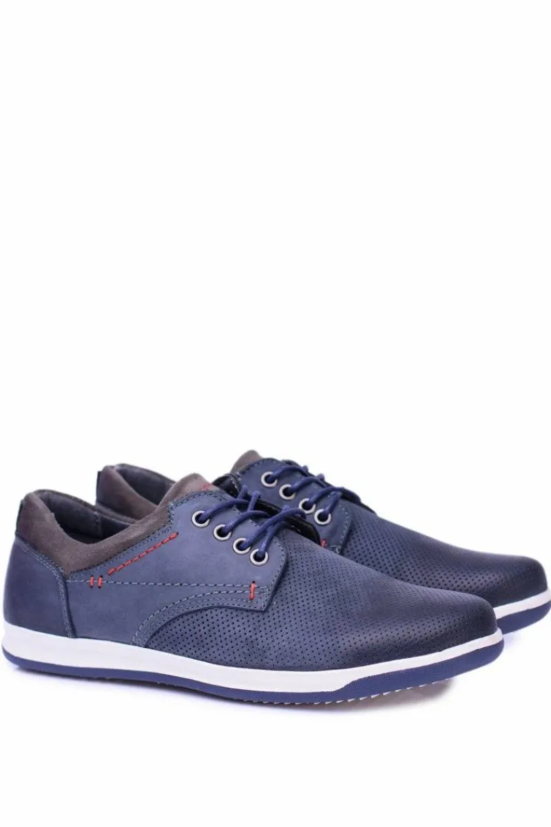 Półbuty Casual>Boto Granatowe Skórzane Męskie Buty Casual Retino