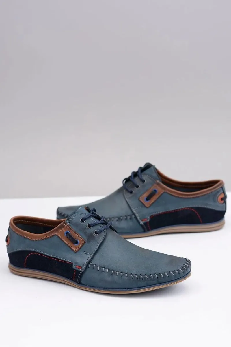 Granatowe Sznurowane Polskie Skórzane Męskie Mokasyny Teodoro Męskie Mokasyny Sznurowane
