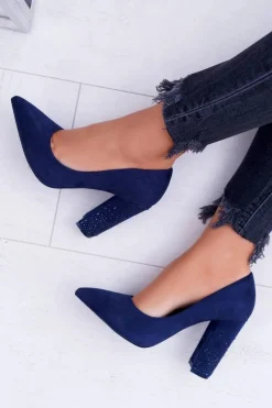 Hot Granatowe Zamszowe Czółenka Razor Damskie Czółenka Zamszowe|Czółenka Na Słupku