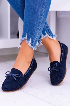 Hot Damskie buty S.Barski Granatowe Zamszowe Mokasyny Comfort Gucio