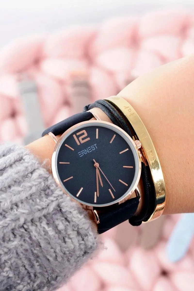 Hot Granatowy Elegancki Skórzany Damski Zegarek Zegarki