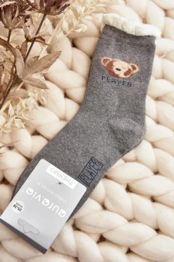 Skarpetki|Skarpetki>Aura.via Grube Skarpety Bawełniane Z Misiem Szare Szary