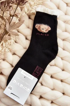 Hot Aura.via Grube Skarpety Bawełniane Z Misiem Czarne Czarny