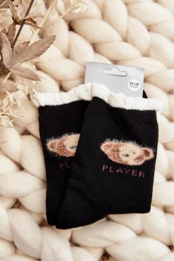 Hot Aura.via Grube Skarpety Bawełniane Z Misiem Czarne Czarny