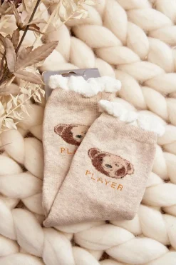 Best Aura.via Grube Skarpety Bawełniane Z Misiem Beżowe