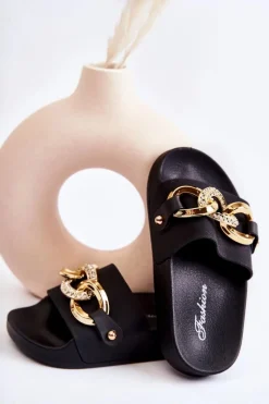 Sale Boto Gumowe Dziecięce Klapki Z Ozdobnym Łańcuchem Czarne Suzie