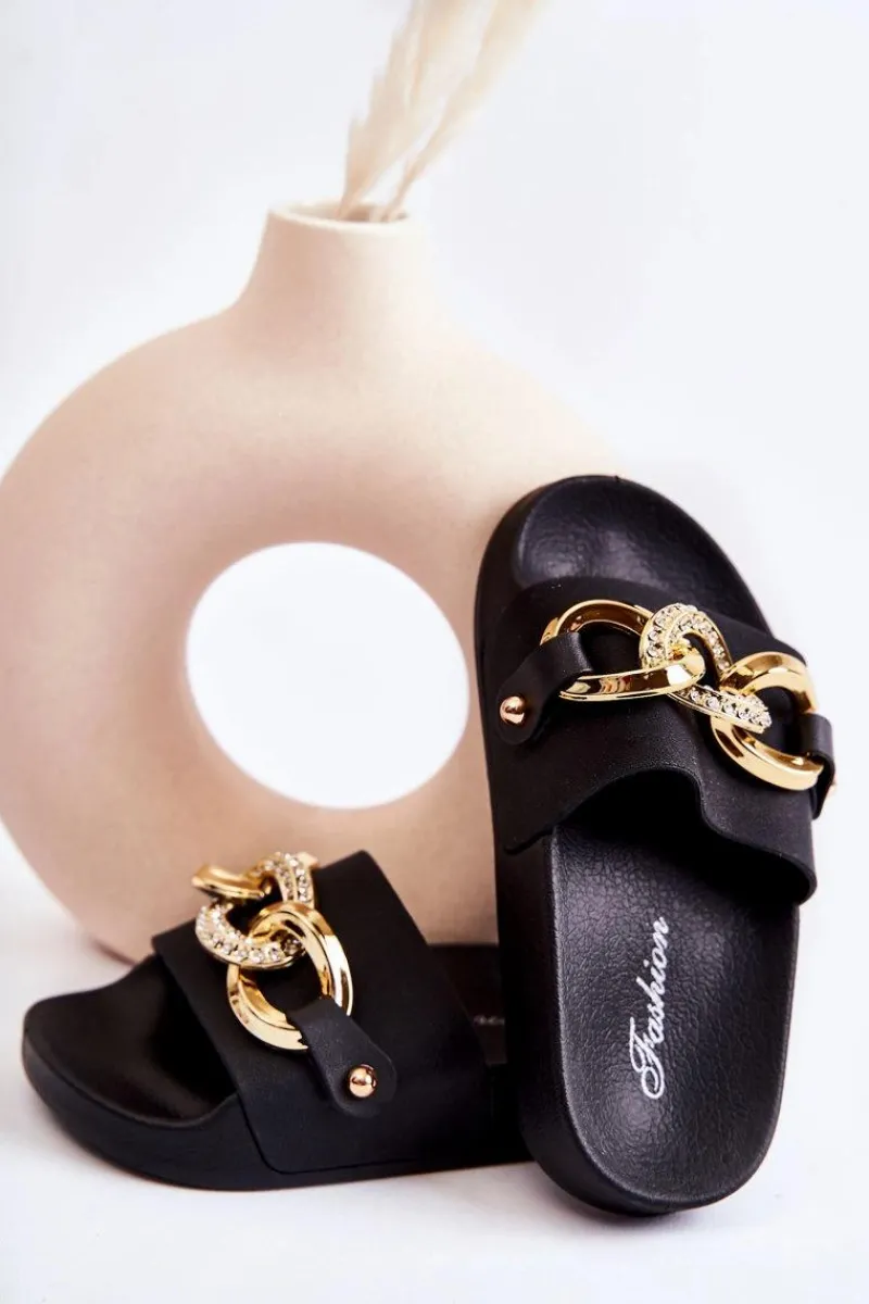 Sale Boto Gumowe Dziecięce Klapki Z Ozdobnym Łańcuchem Czarne Suzie