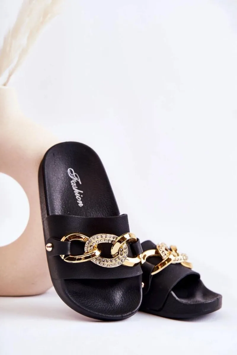 Sale Boto Gumowe Dziecięce Klapki Z Ozdobnym Łańcuchem Czarne Suzie