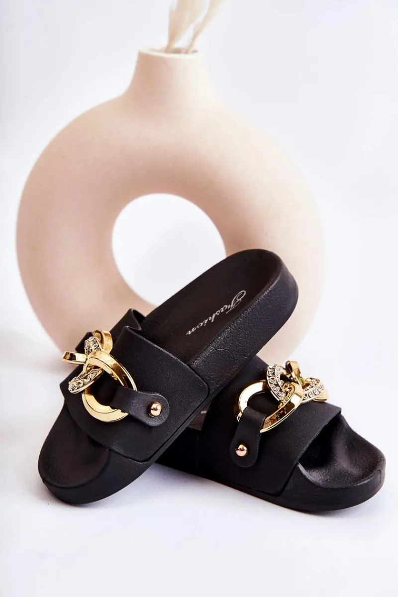 Sale Boto Gumowe Dziecięce Klapki Z Ozdobnym Łańcuchem Czarne Suzie