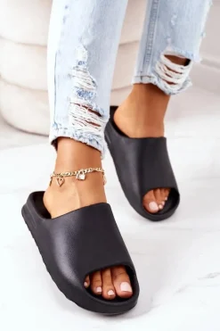 Outlet Gumowe Klapki Na Platformie Czarne Squishy Damskie Klapki Basenowe|Klapki Na Platformie