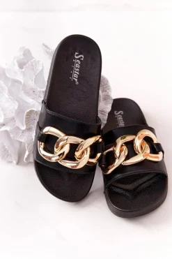 Online Gumowe Klapki Z Łańcuchem Czarne One Moment Damskie Klapki Damskie Klasyczne
