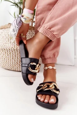 Online Gumowe Klapki Z Łańcuchem Czarne One Moment Damskie Klapki Damskie Klasyczne