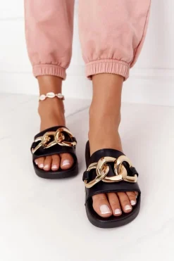 Online Gumowe Klapki Z Łańcuchem Czarne One Moment Damskie Klapki Damskie Klasyczne