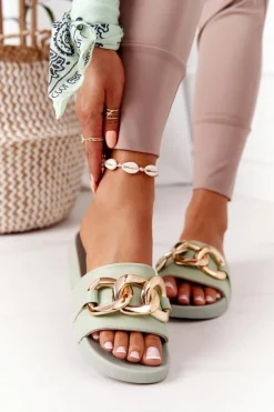 Klapki Damskie Klasyczne>Boto Gumowe Klapki Z Łańcuchem Jasnozielone One Moment