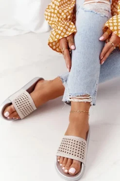 Outlet Gumowe Klapki Z Cekinami Szare Tonya Damskie Klapki Damskie Klasyczne