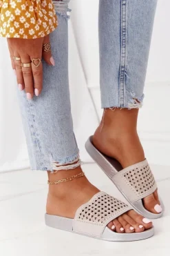 Outlet Gumowe Klapki Z Cekinami Szare Tonya Damskie Klapki Damskie Klasyczne