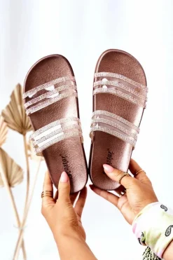 Best Boto Gumowe Klapki Z Cyrkoniami Różowe Złoto Miss You