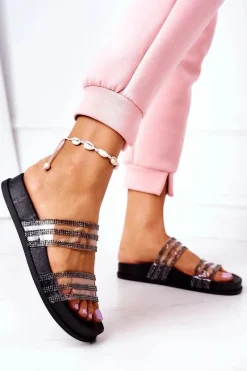 Klapki Damskie Klasyczne>Boto Gumowe Klapki Z Cyrkoniami Czarne Miss You