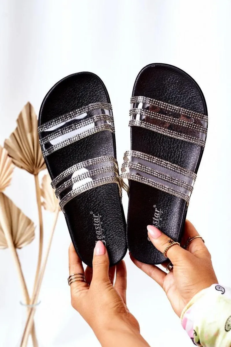 Klapki Damskie Klasyczne>Boto Gumowe Klapki Z Cyrkoniami Czarne Miss You