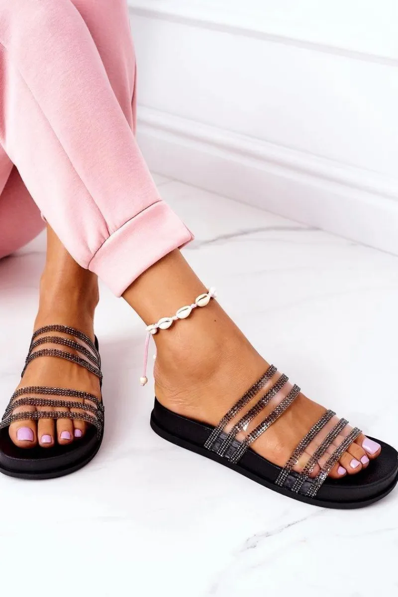 Klapki Damskie Klasyczne>Boto Gumowe Klapki Z Cyrkoniami Czarne Miss You