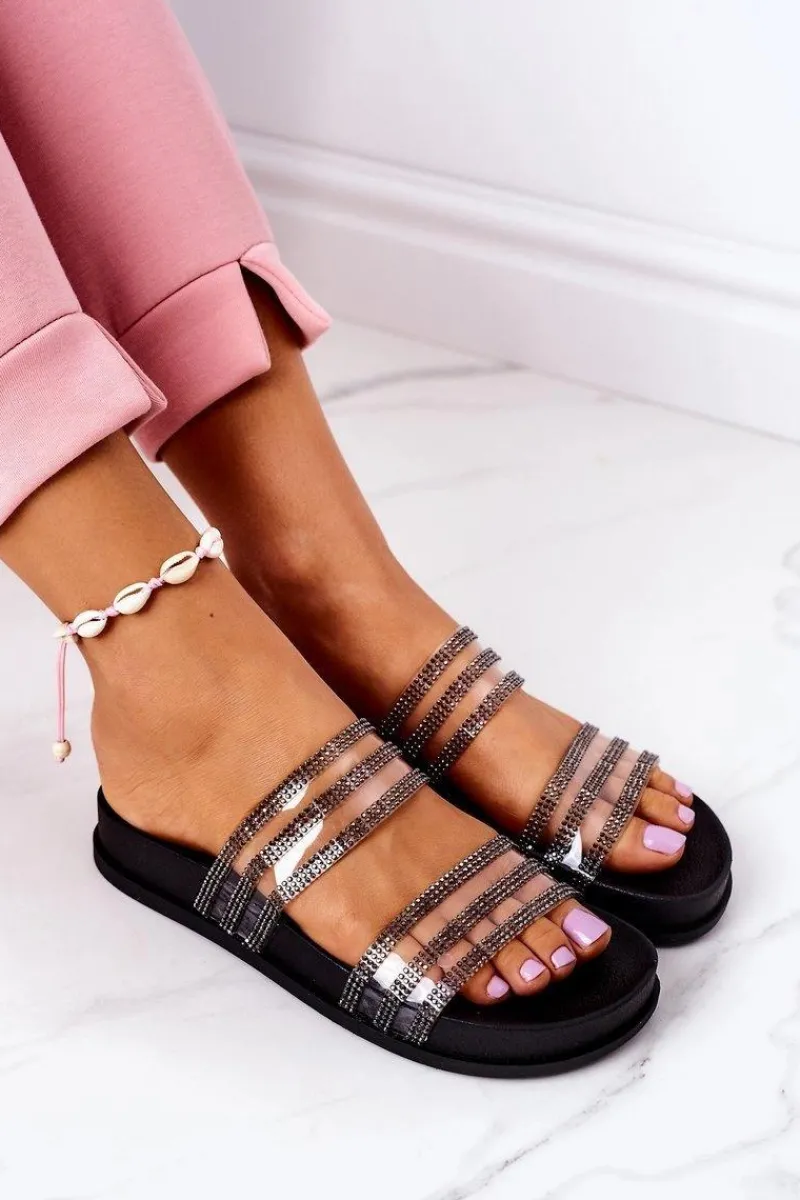 Klapki Damskie Klasyczne>Boto Gumowe Klapki Z Cyrkoniami Czarne Miss You