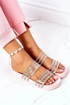 Online Gumowe Klapki Z Cyrkoniami Różowe Miss You Damskie Klapki Damskie Klasyczne