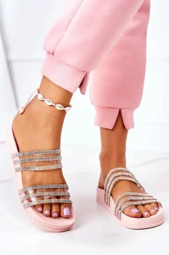 Online Gumowe Klapki Z Cyrkoniami Różowe Miss You Damskie Klapki Damskie Klasyczne