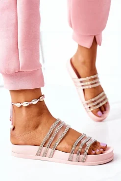 Online Gumowe Klapki Z Cyrkoniami Różowe Miss You Damskie Klapki Damskie Klasyczne