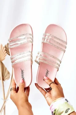 Online Gumowe Klapki Z Cyrkoniami Różowe Miss You Damskie Klapki Damskie Klasyczne