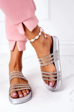 Hot Boto Gumowe Klapki Z Cyrkoniami Srebrne Miss You