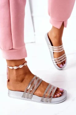 Hot Boto Gumowe Klapki Z Cyrkoniami Srebrne Miss You