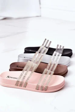 Hot Boto Gumowe Klapki Z Cyrkoniami Srebrne Miss You