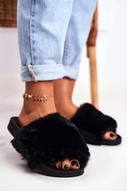 Boto Gumowe Klapki Z Futerkiem Czarne Sensitive