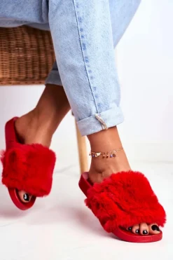 Klapki Z Futerkiem|Klapki Damskie Klasyczne>Boto Gumowe Klapki Z Futerkiem Czerwone Sensitive